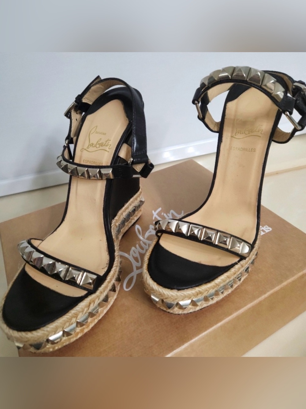 Christian Louboutin Pyraclou Studded Wedge Espadrilles – Black – Women’s